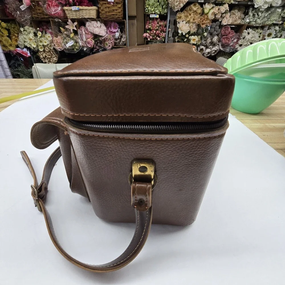 Vintage Hard Brown Leather? Like Camera Case Shoulder Bag Velvety Interior Strap